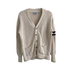 VTG EUC Guideboat Co Cream Navy Stripe Ivy League College Cotton Cardigan Sz S